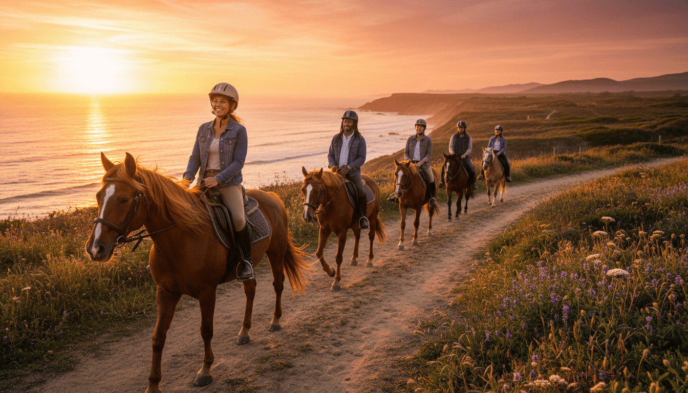Grupo de turistas en caballo en el paisaje montañoso de La Fortuna