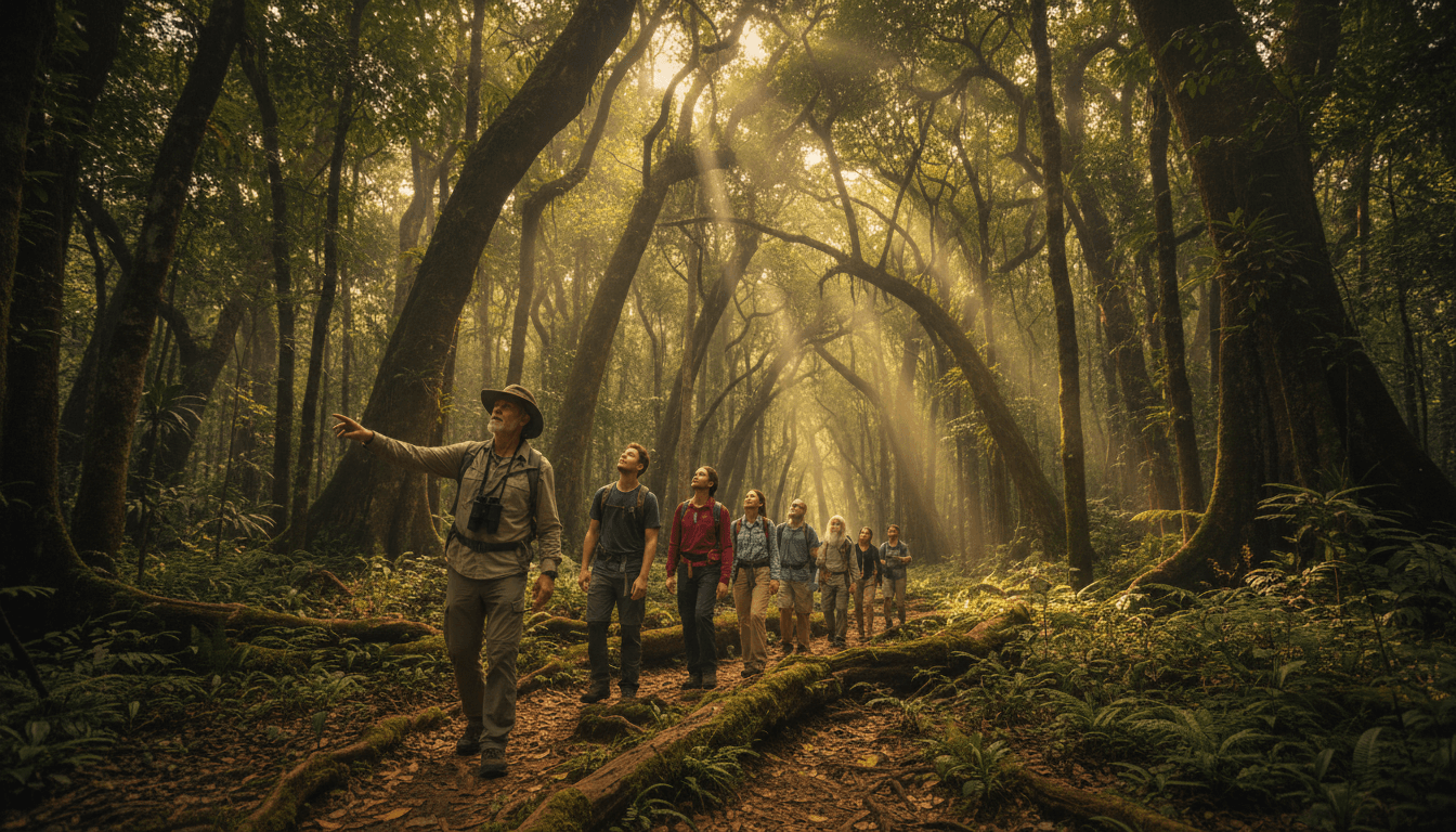 Guía turístico local explorando la belleza natural de La Fortuna con paisaje montañoso de fondo