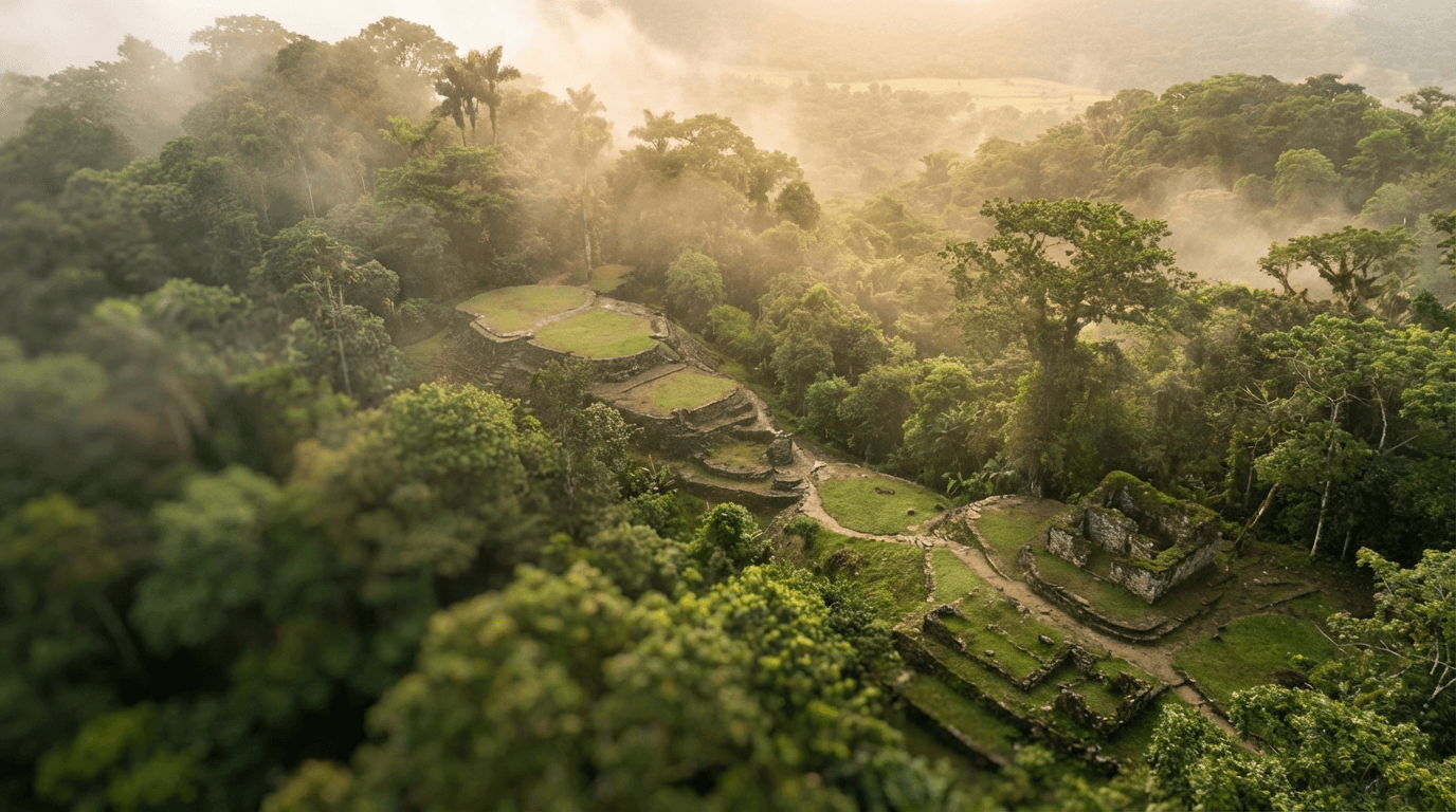 Sendero serpenteante en la selva tropical de La Fortuna con luz dorada filtrándose entre el follaje